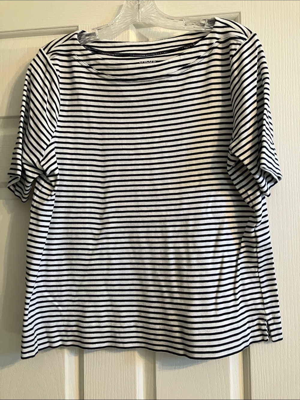 Chico's Black & White Striped Short Sleeve Tee